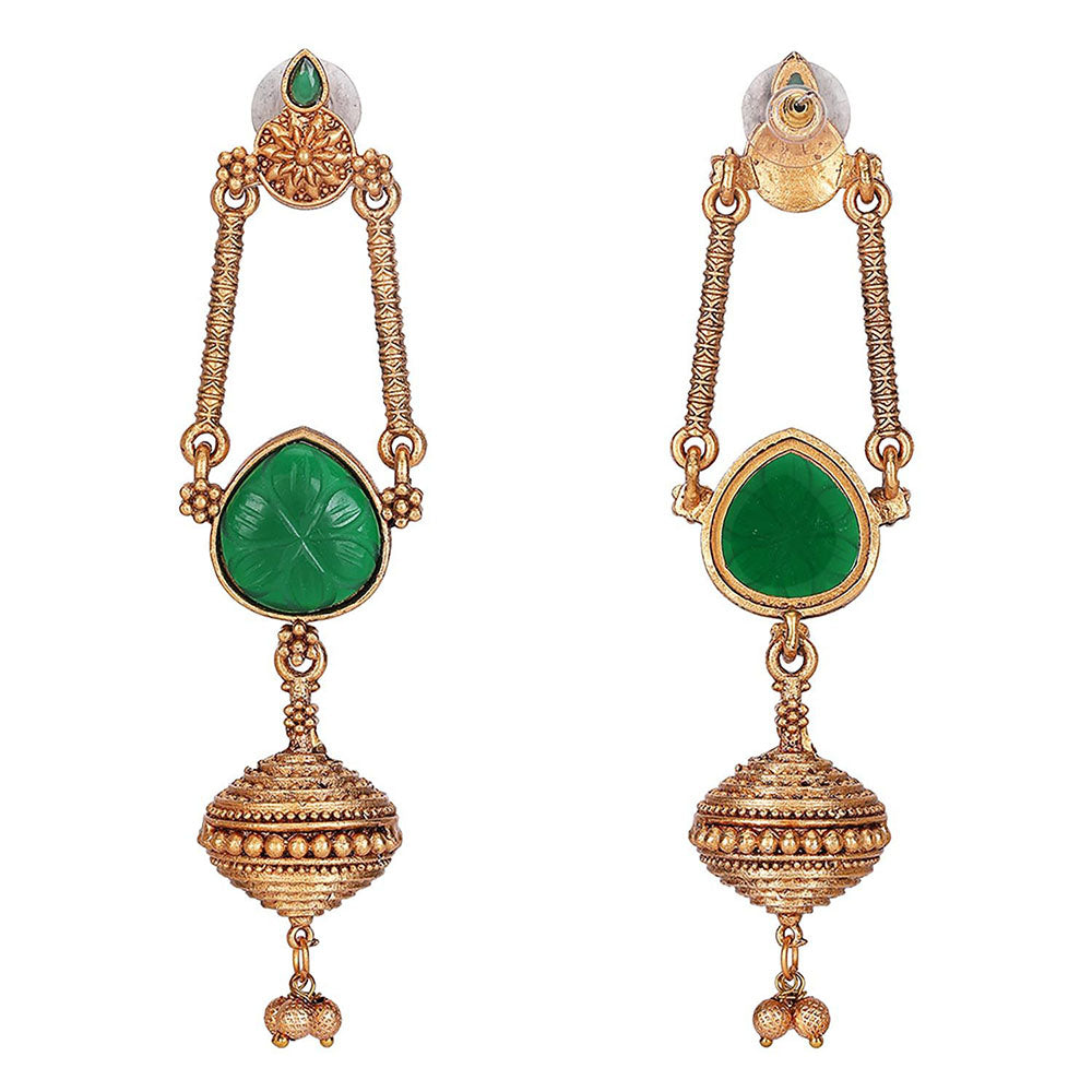 Auraa Trends Traditional Green Stone Long Dangler Earrings With Antique Gold Finish