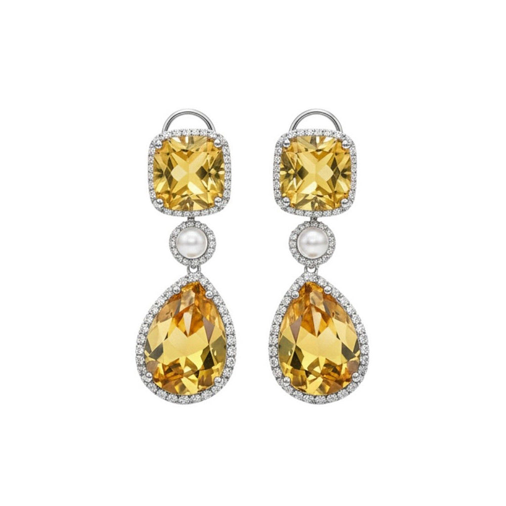 Auraa Trends Elegant Yellow Citrine Drop Earrings with Pearls and Silver Tone Detailing
