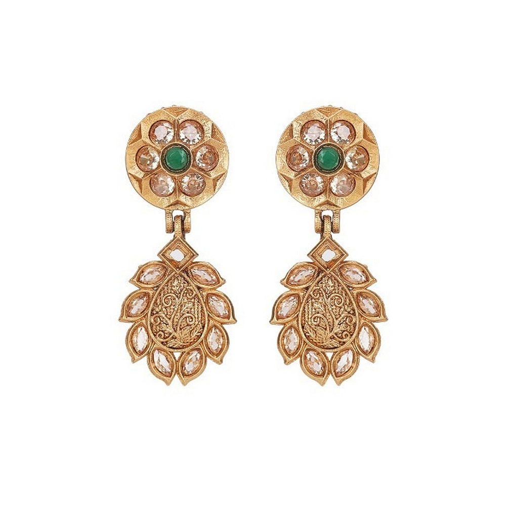 Auraa Trends Traditional Antique Gold Plated Temple Necklace with Green Stones and Earrings