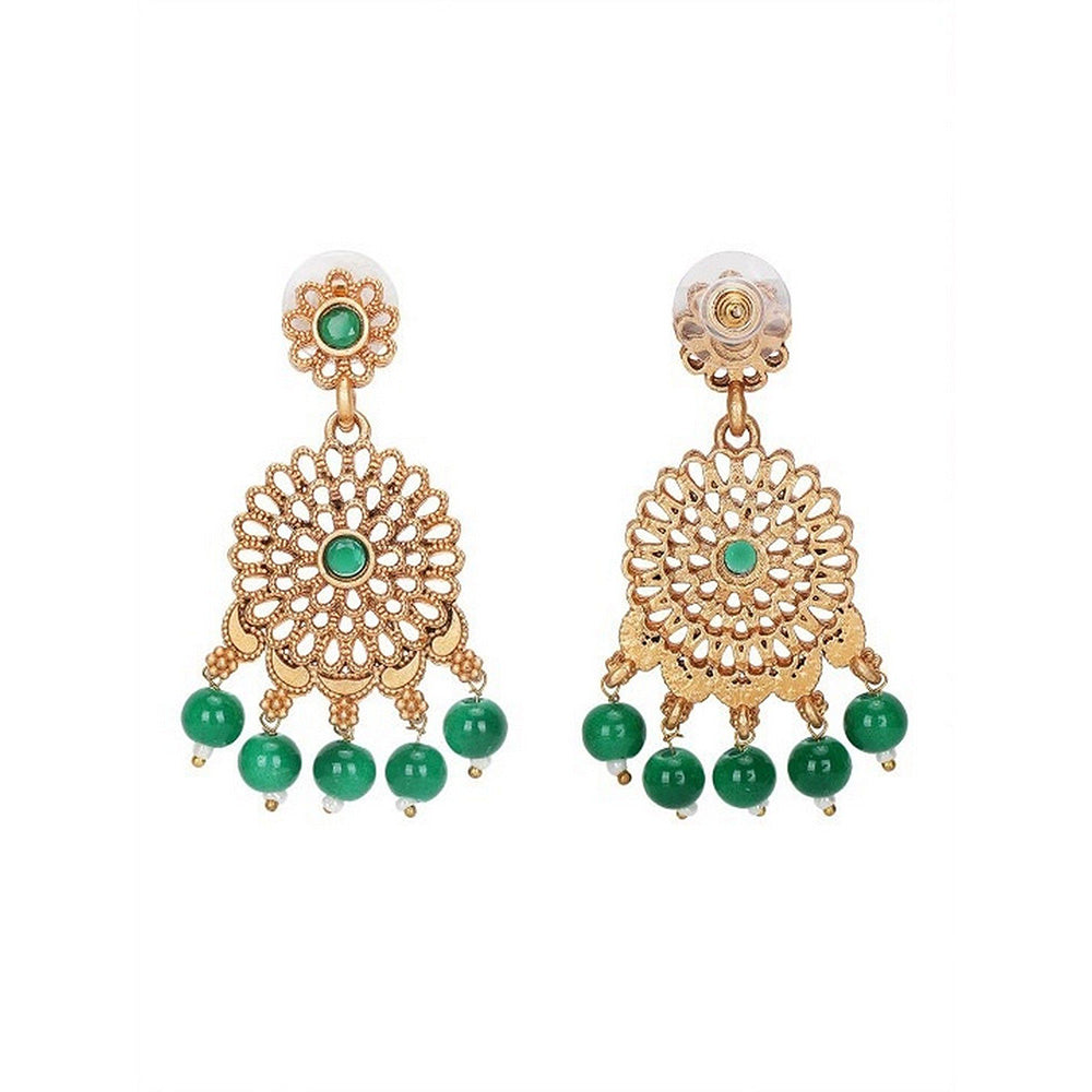 Auraa Trends Traditional Gold-Plated Green Beaded Choker Necklace with Earrings