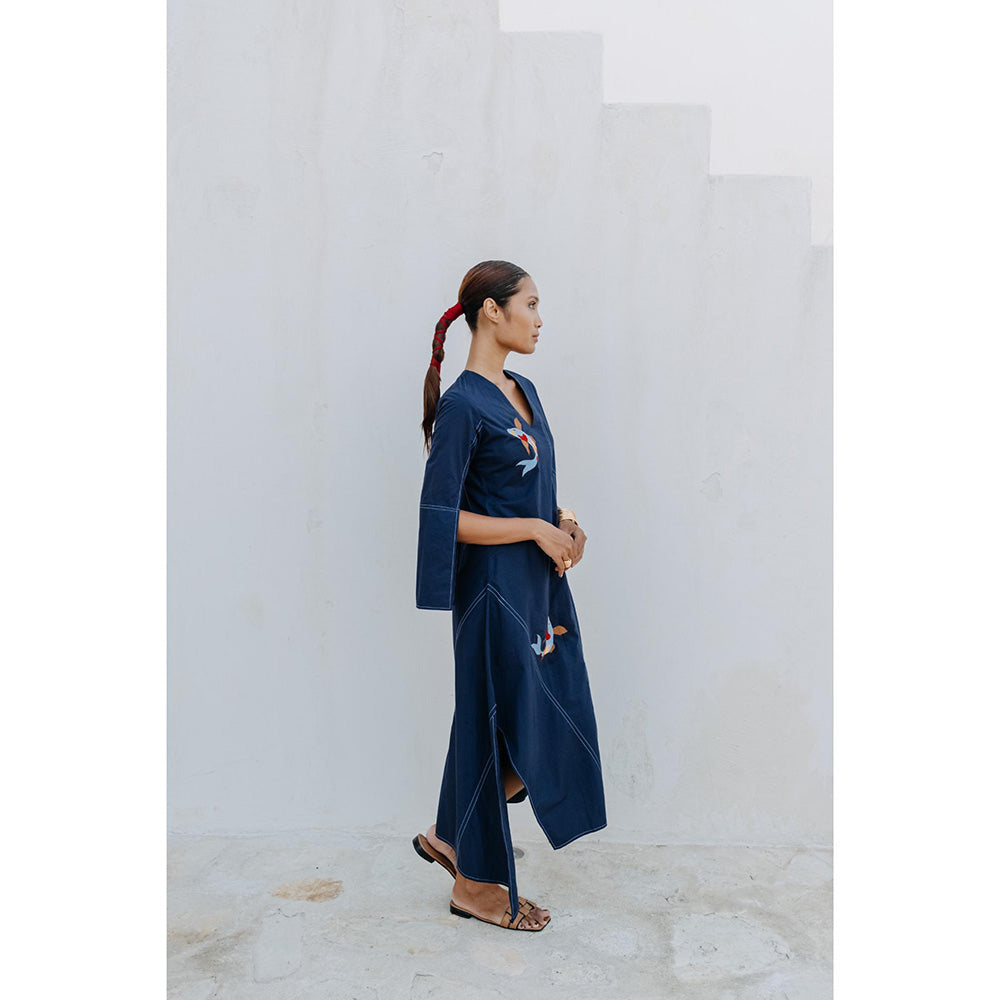 Auruhfy Navy Blue Embroidered Summer Tides Dress