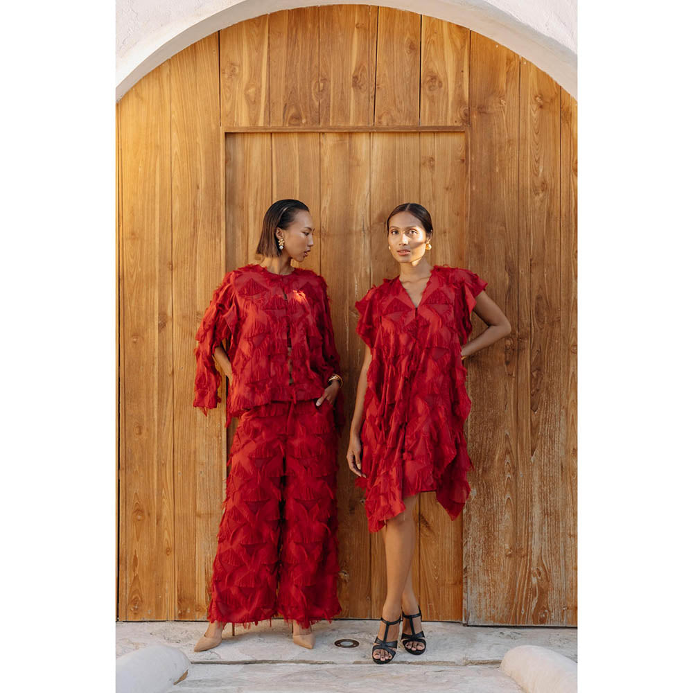 Auruhfy Red Self Design Ember Co-Ord (Set of 3)