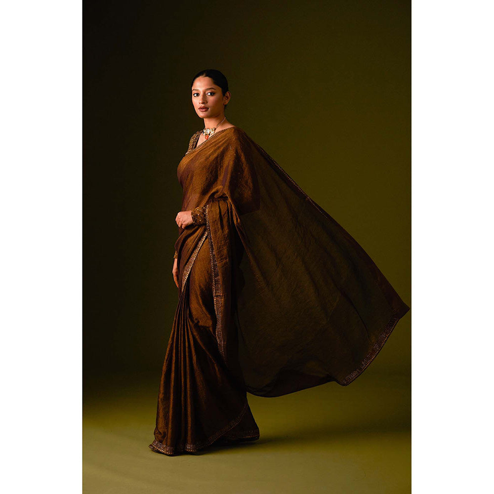 AURUL Dark Brown Embroidered Saree with Stitched Blouse