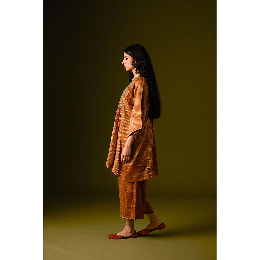 AURUL Light Brown Thin Zari Stripe Kurta with Palazzo (Set of 2)