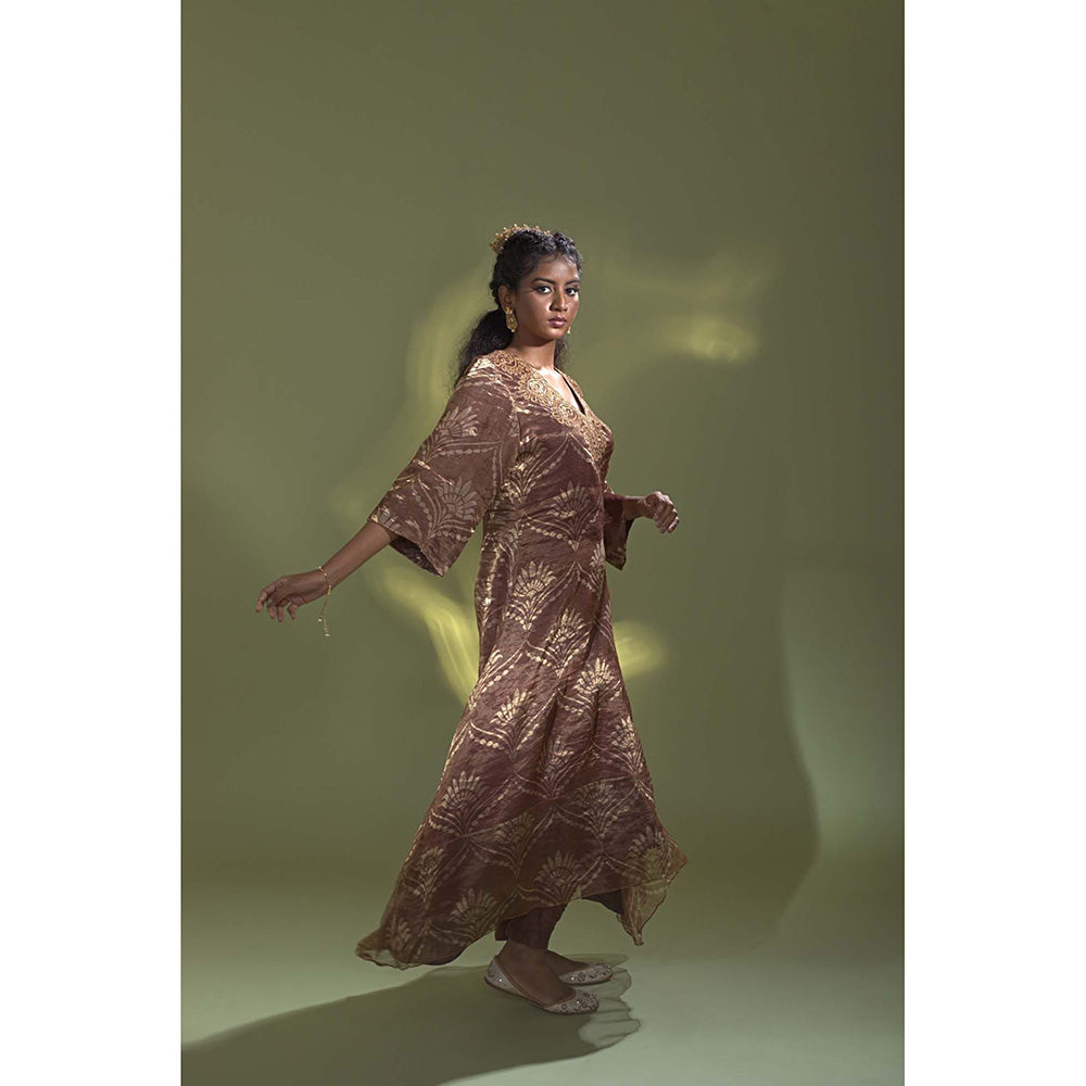 AURUL Rust Banaras Silk Kurta with Churidar (Set of 2)