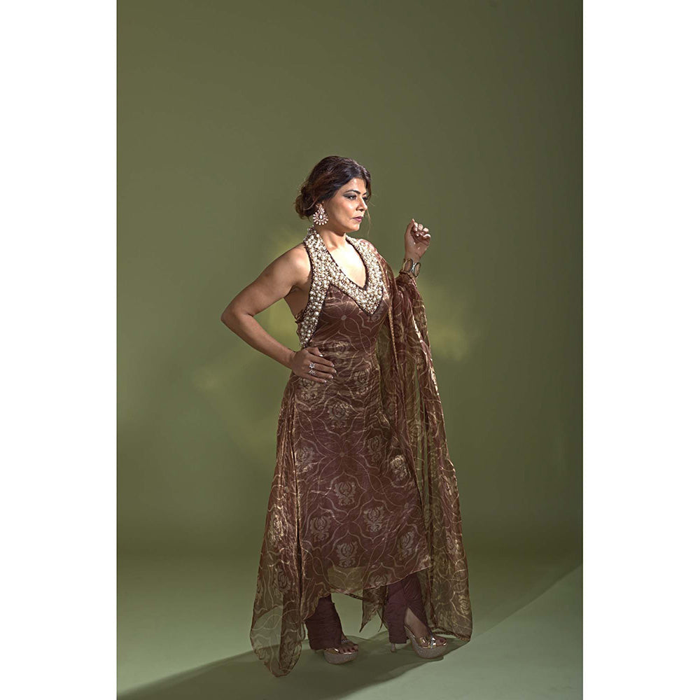 AURUL Rust Pearl Halter Kurta with Churidar and Dupatta (Set of 3)