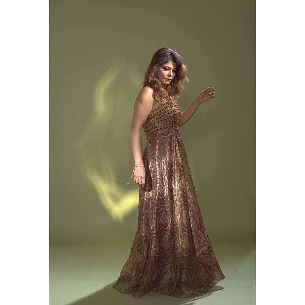 AURUL Rust Tissue Silk Strapless Gown