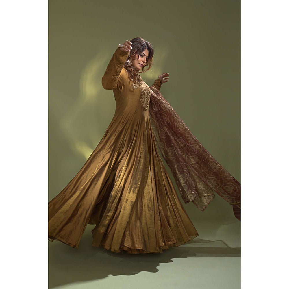 AURUL Golden Chinya Silk Anarkali with Dupatta (Set of 2)