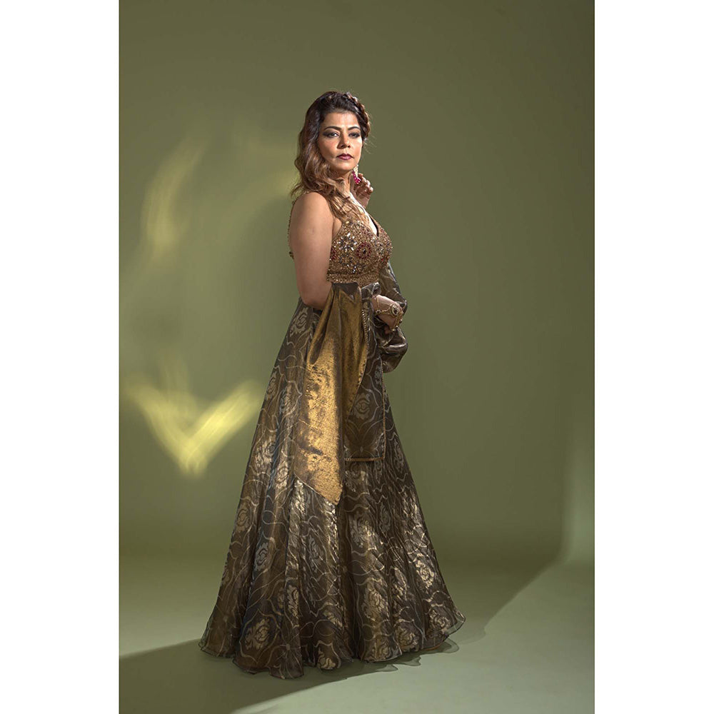 AURUL Embellished Deep Blue Banaras Silk Lehenga with Choli and Dupatta (Set of 3)