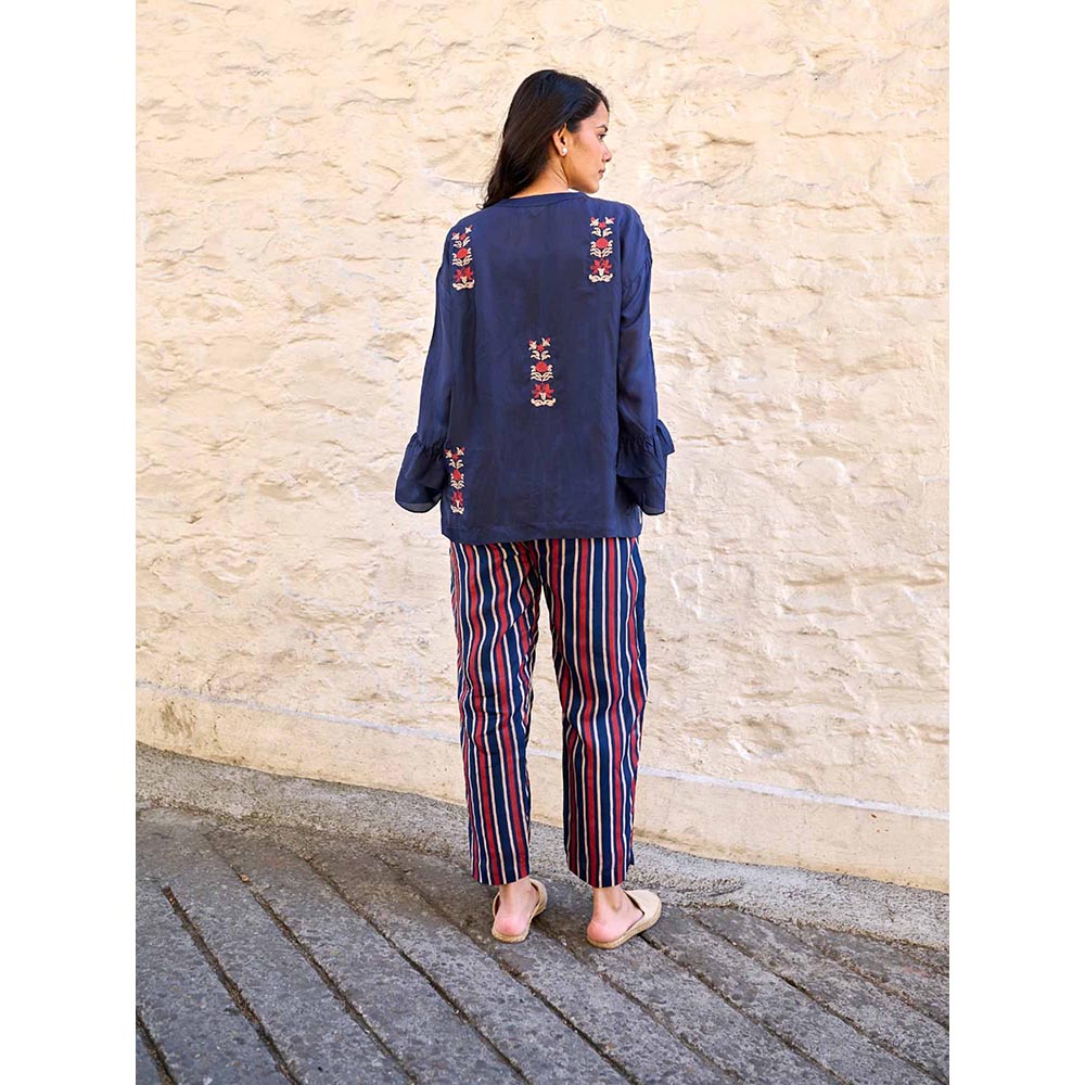 AYAKA Pearl Navy Blue Pin Tuck Shirt