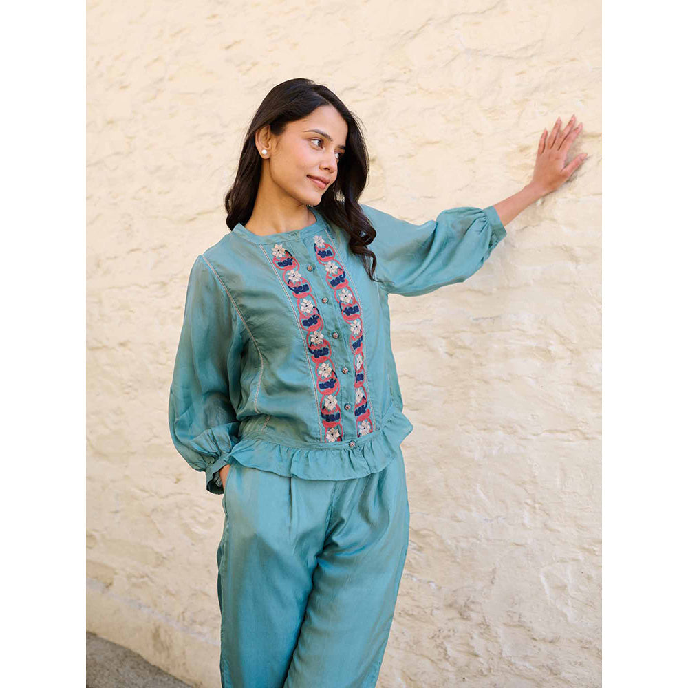 AYAKA Joy Embroidered Teal Top