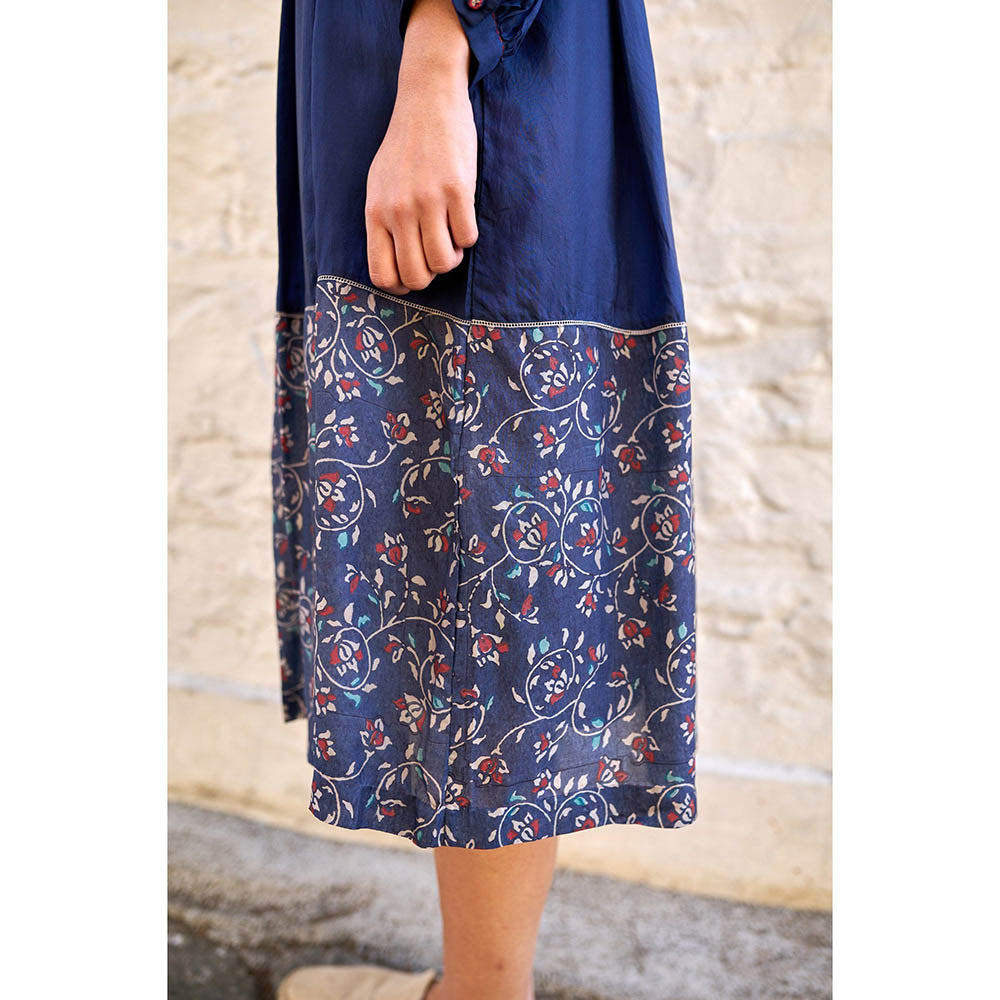 AYAKA Ethel Navy Blue Block Printed Midi Dress with Inner (Set of 2)