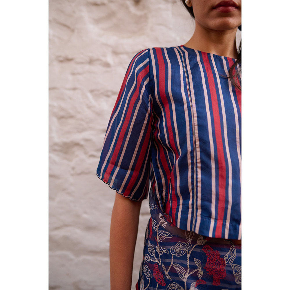 AYAKA Navy Blue Stripes Stitched Blouse
