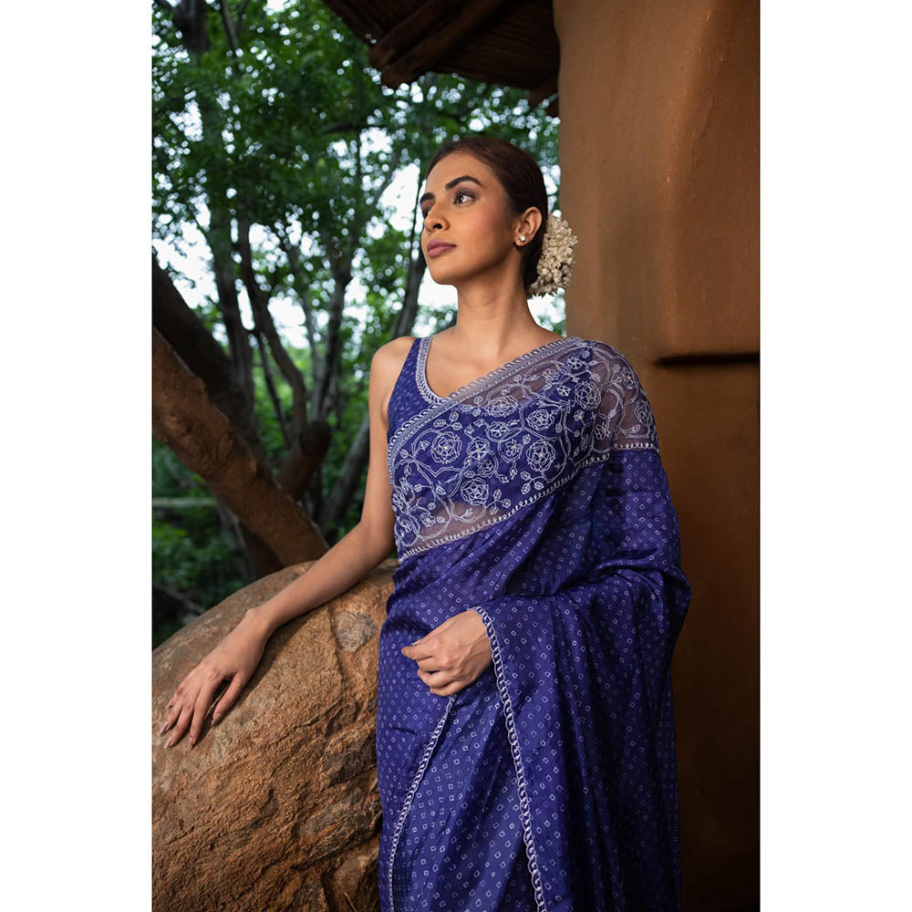 AYAKA Floral Blue Hand Embroidered Saree without Blouse
