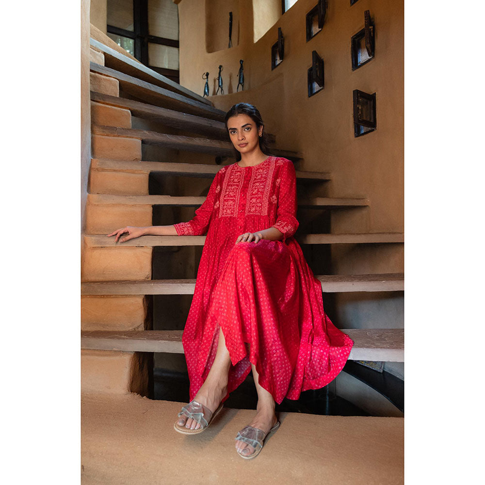 AYAKA Karen Red Bandhani Print Dress