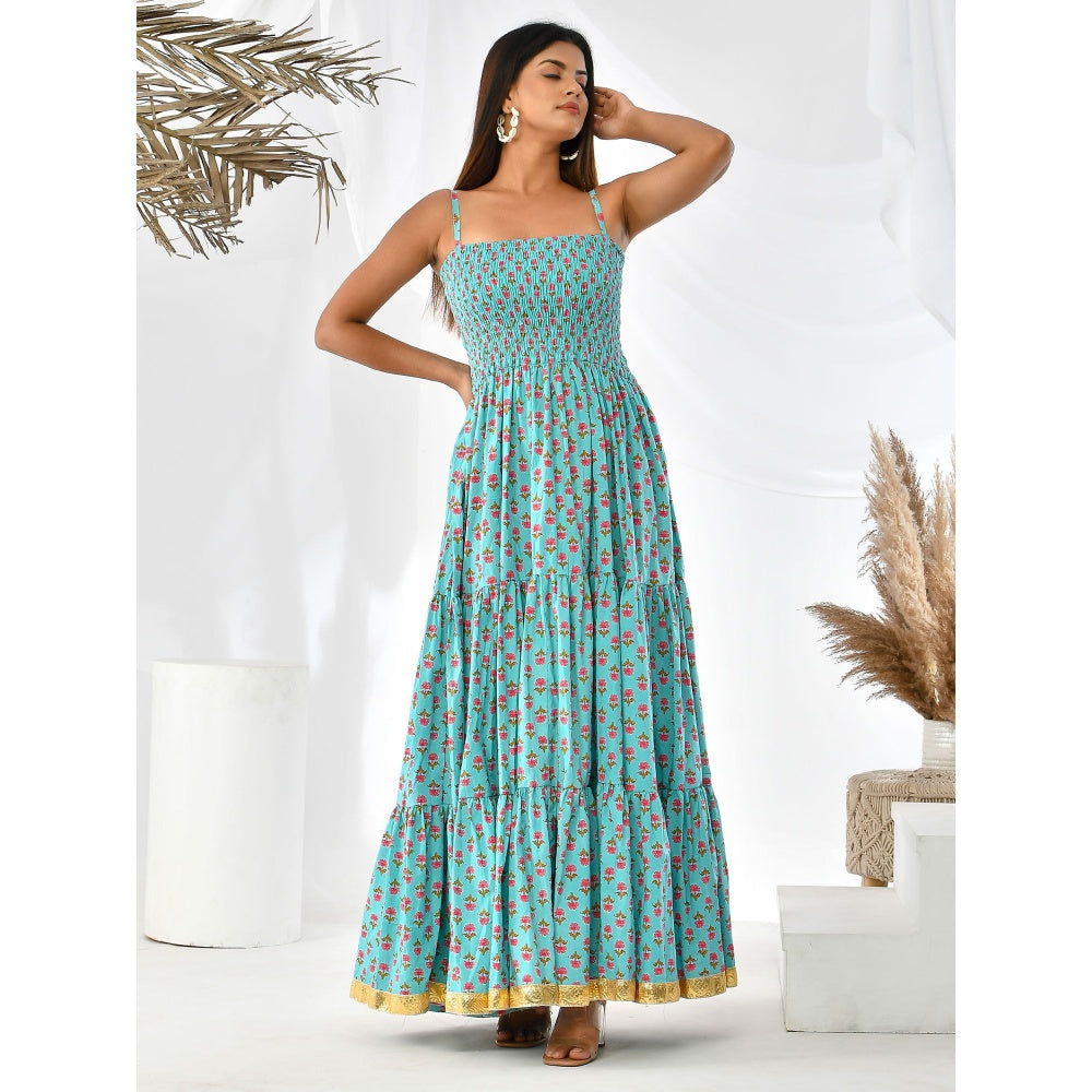 Bannhi by Priyanka Rathore Turquoise Floral Buta Floor Length Dress
