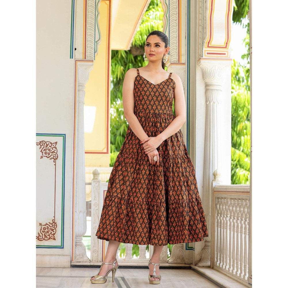 Bannhi by Priyanka Rathore Walnut Floral Printed Cotton Dress