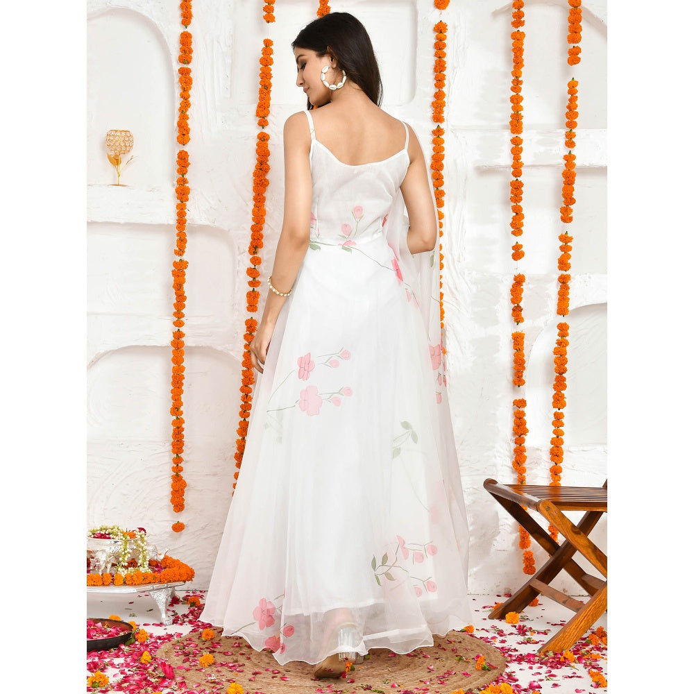 Bannhi by Priyanka Rathore Samvit White Hand painted Floor Length Anarkali (Set of 2)