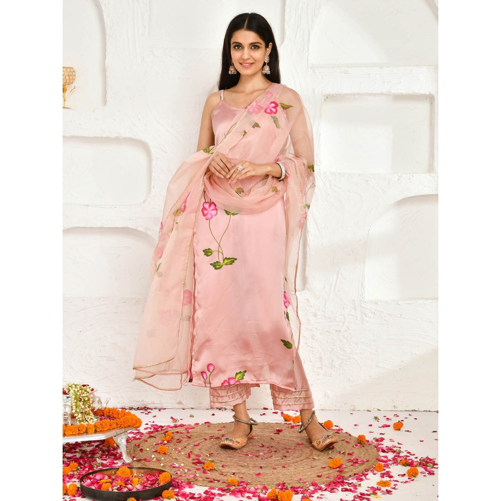 Bannhi by Priyanka Rathore Aparna Satin Pink Hand Painted Printed Kurta (Set of 3)