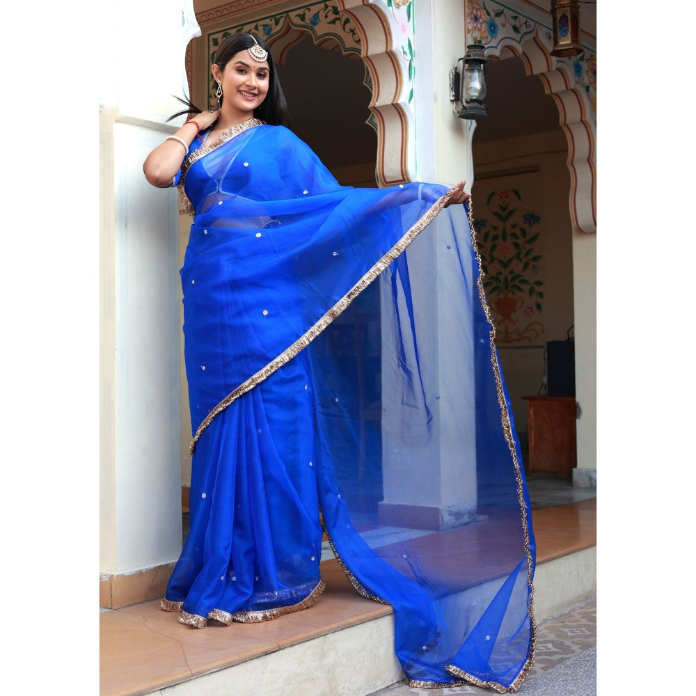Bannhi by Priyanka Rathore Ishq Blue Organza Saree with Stitched Blouse