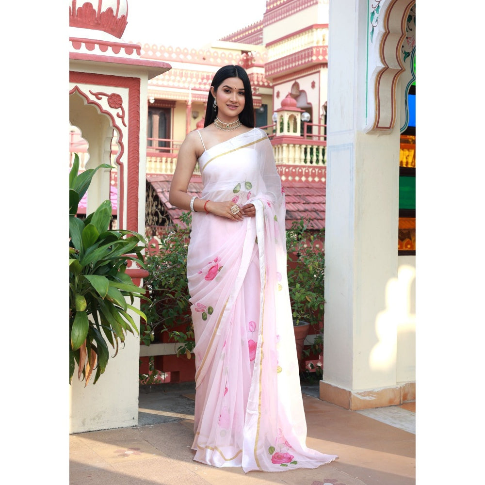 Bannhi by Priyanka Rathore Ayat Pink Hand Painted Saree without Blouse