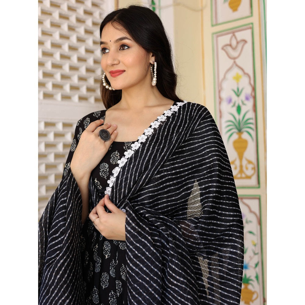 Bannhi by Priyanka Rathore Black Hand Block Anarkali With Pant And Dupatta (Set of 3)