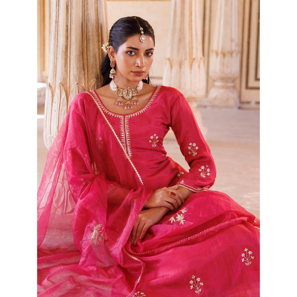 Bannhi Deep Pink Silk, Hand Embroidered Kurta With Pant and Dupatta