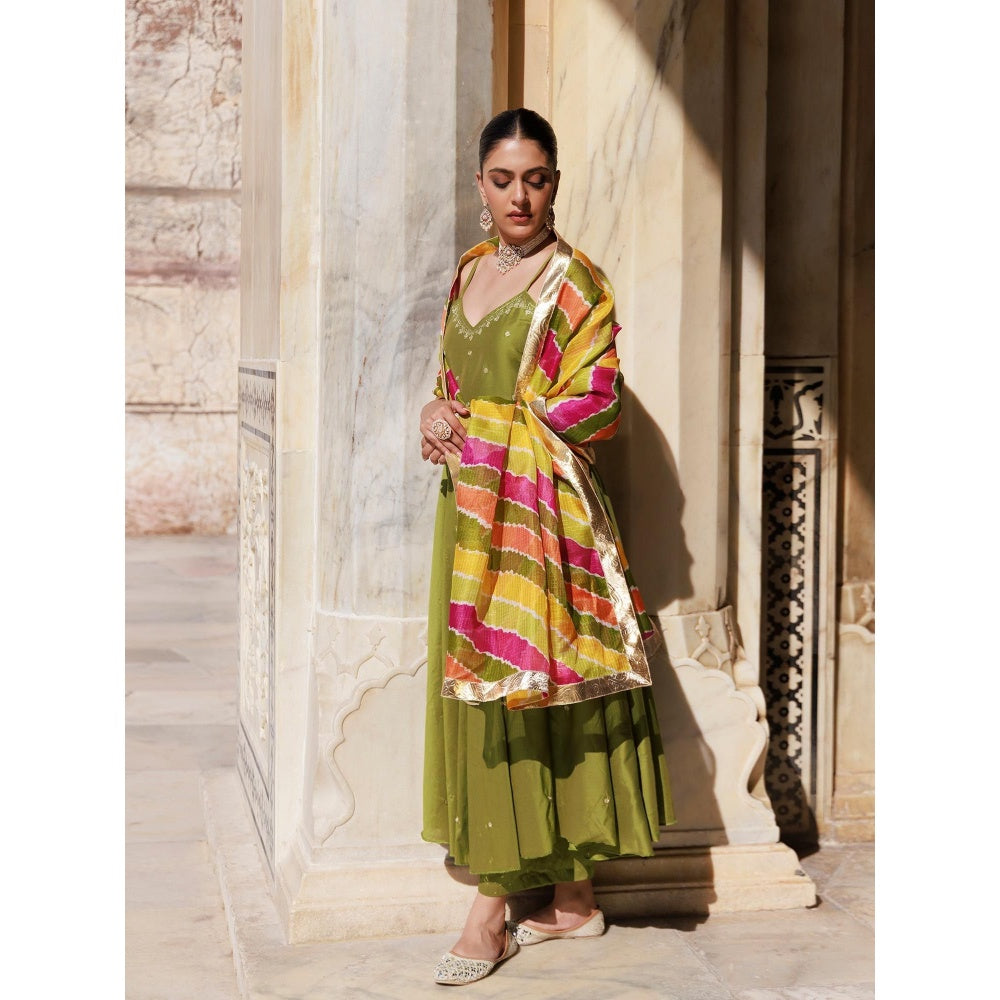 Bannhi Green Aari Embroidered Dupion Silk Strappy Anarkali With Pant and Dupatta