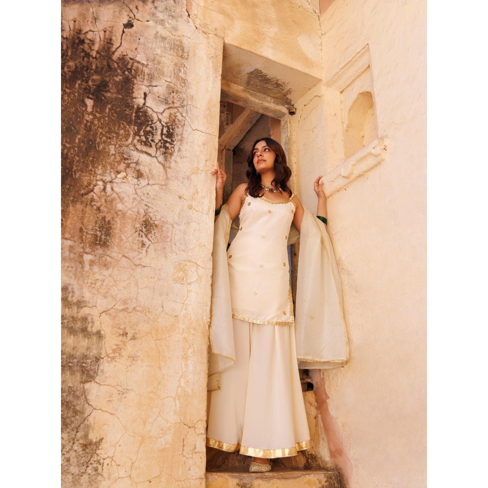 Bannhi Ivory Crepe Strappy Kurta With Sharara and Dupatta