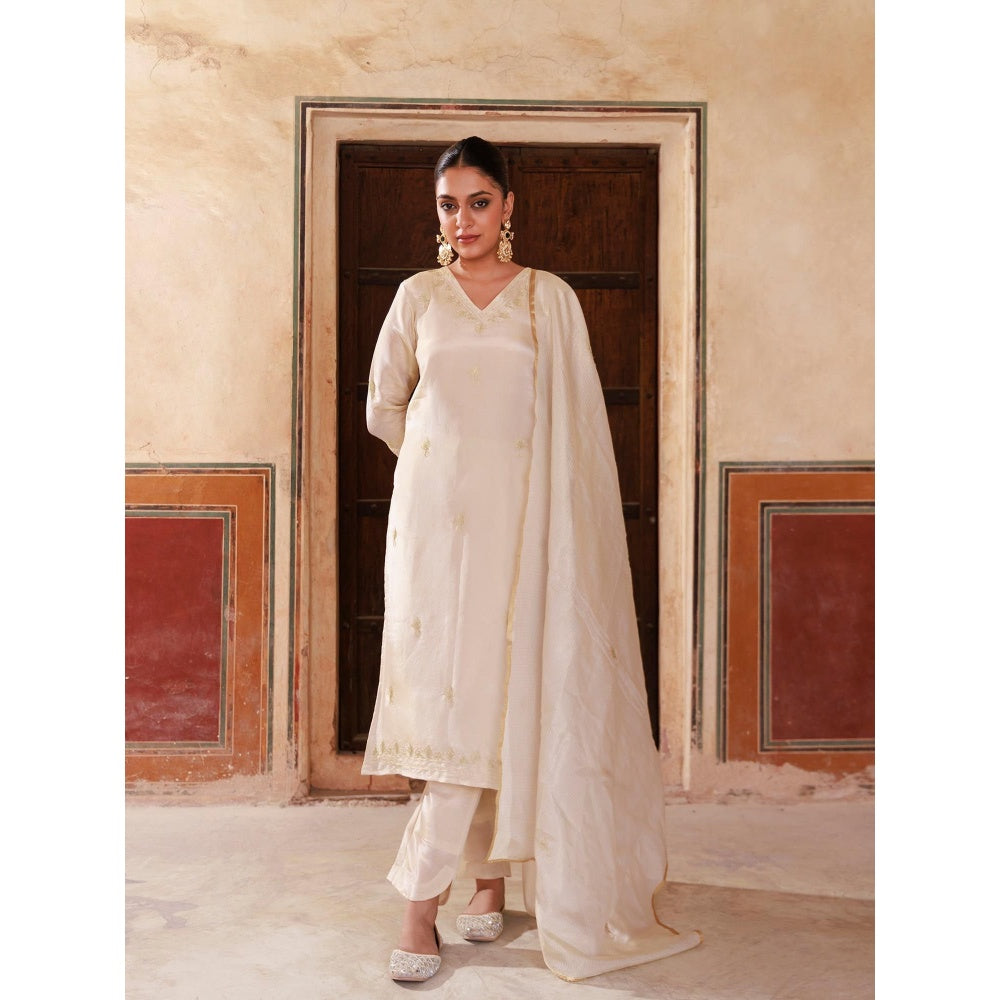 Bannhi Ivory Gold Embroidered Tissue Kurta With Pant and Dupatta