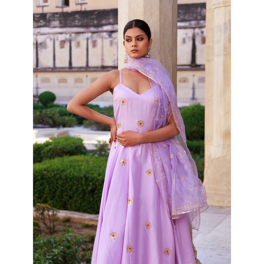Bannhi Lavender Aari Embroidered Strappy Cotton Silk Anarkali With Pant and Dupatta