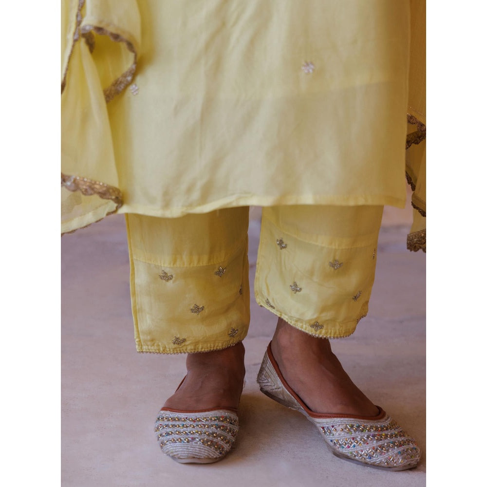 Bannhi Pastel Yellow Silk, Hand-Embroidered Kurta With Pant and Dupatta