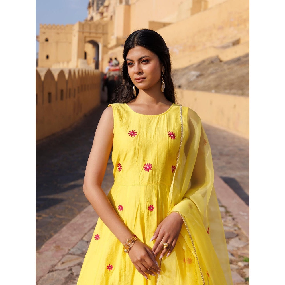 Bannhi Yellow Kesar Gul Chanderi Anarkali With Pant and Dupatta