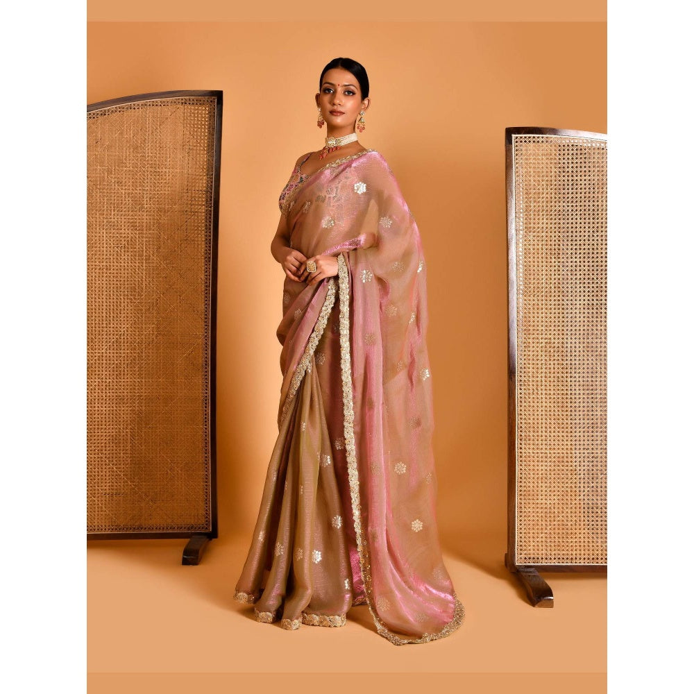 Bannhi Pink Barkha Tissue Organza Saree With Stitched Blouse