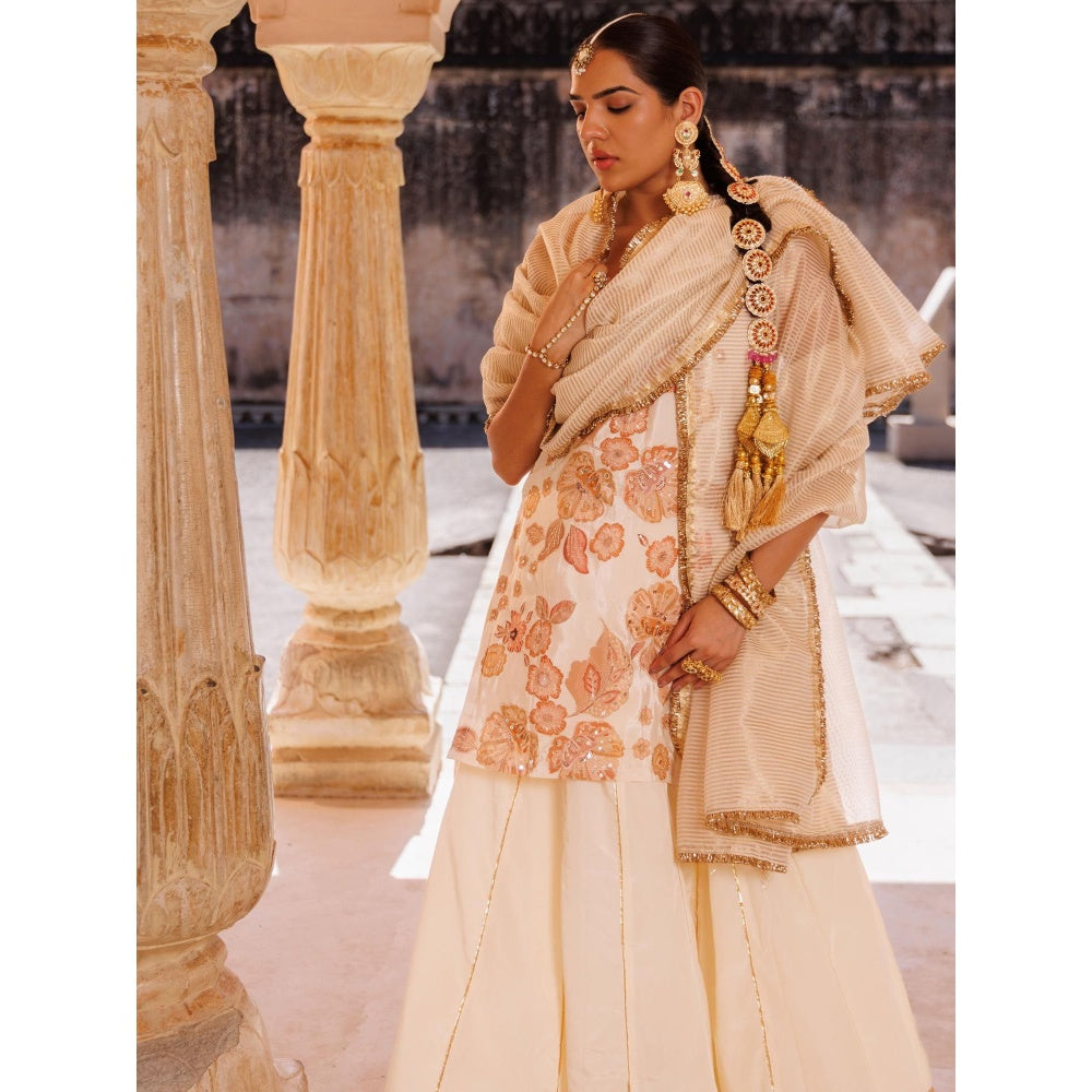 Bannhi Ivory, Crepe Embroidered Kurta with Skirt and Dupatta