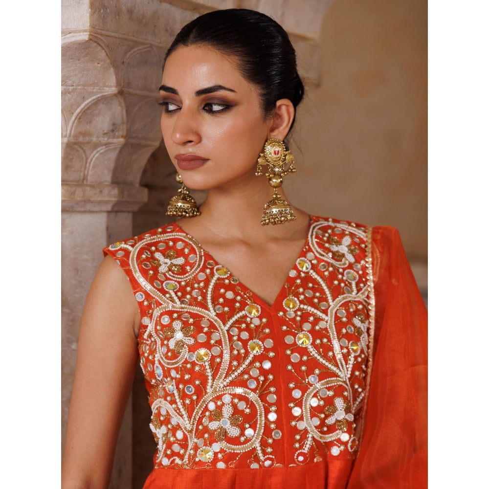 Bannhi Orange Silk, Hand Embroidered Anarkali With Pant and Dupatta