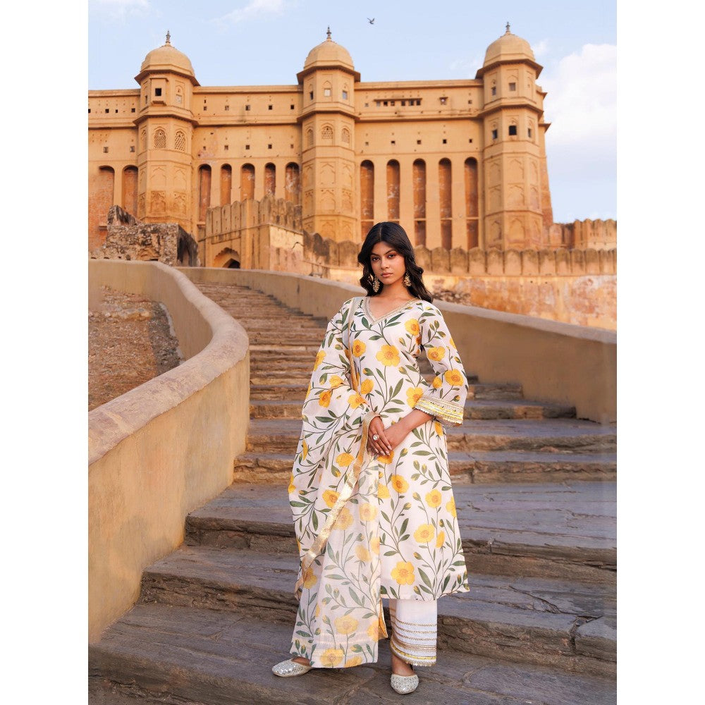 Bannhi Off-White and Yellow Floral Printed Chanderi Kurta With Pant and Dupatta
