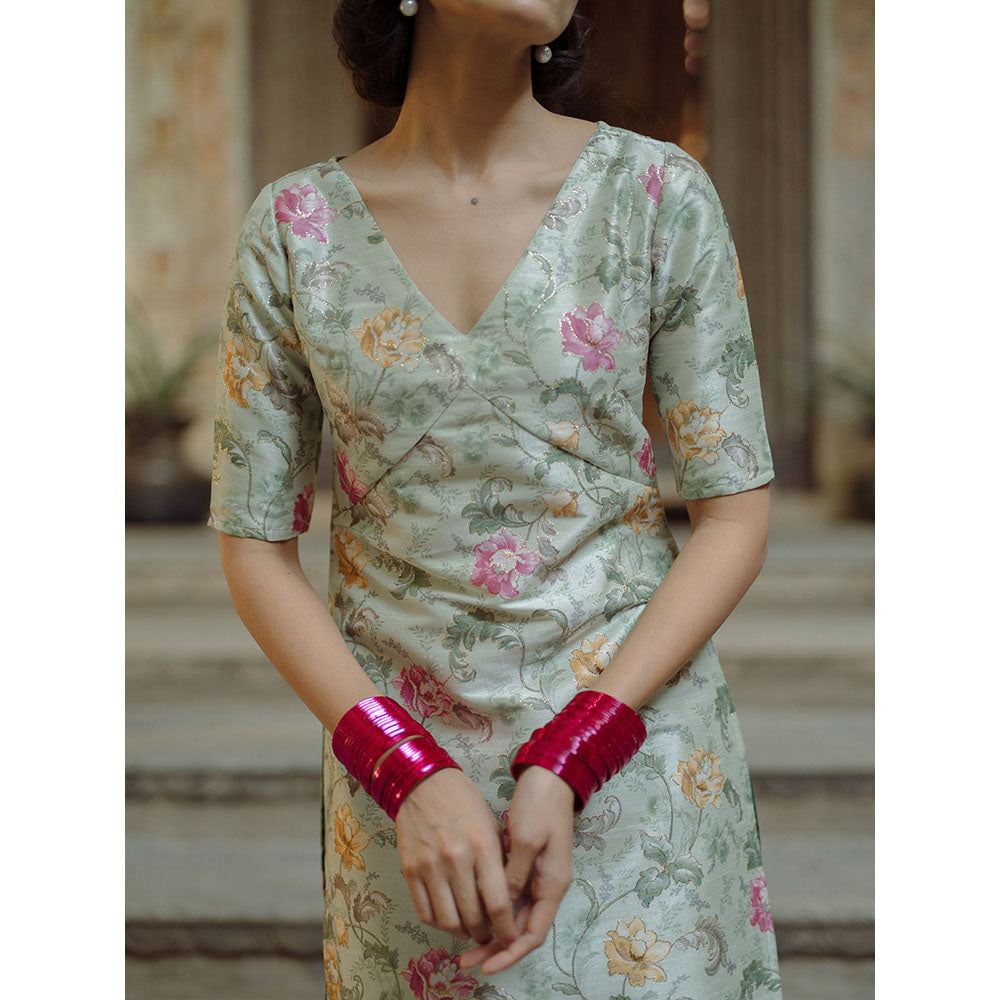 Baaro Masi Pista Green Floral Printed Palazzo Suit with Organza Dupatta (Set of 3)