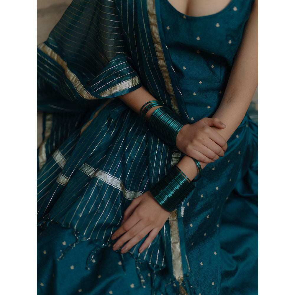 Baaro Masi Teal Brocade Kurta with Skirt & Organza Dupatta (Set of 3)