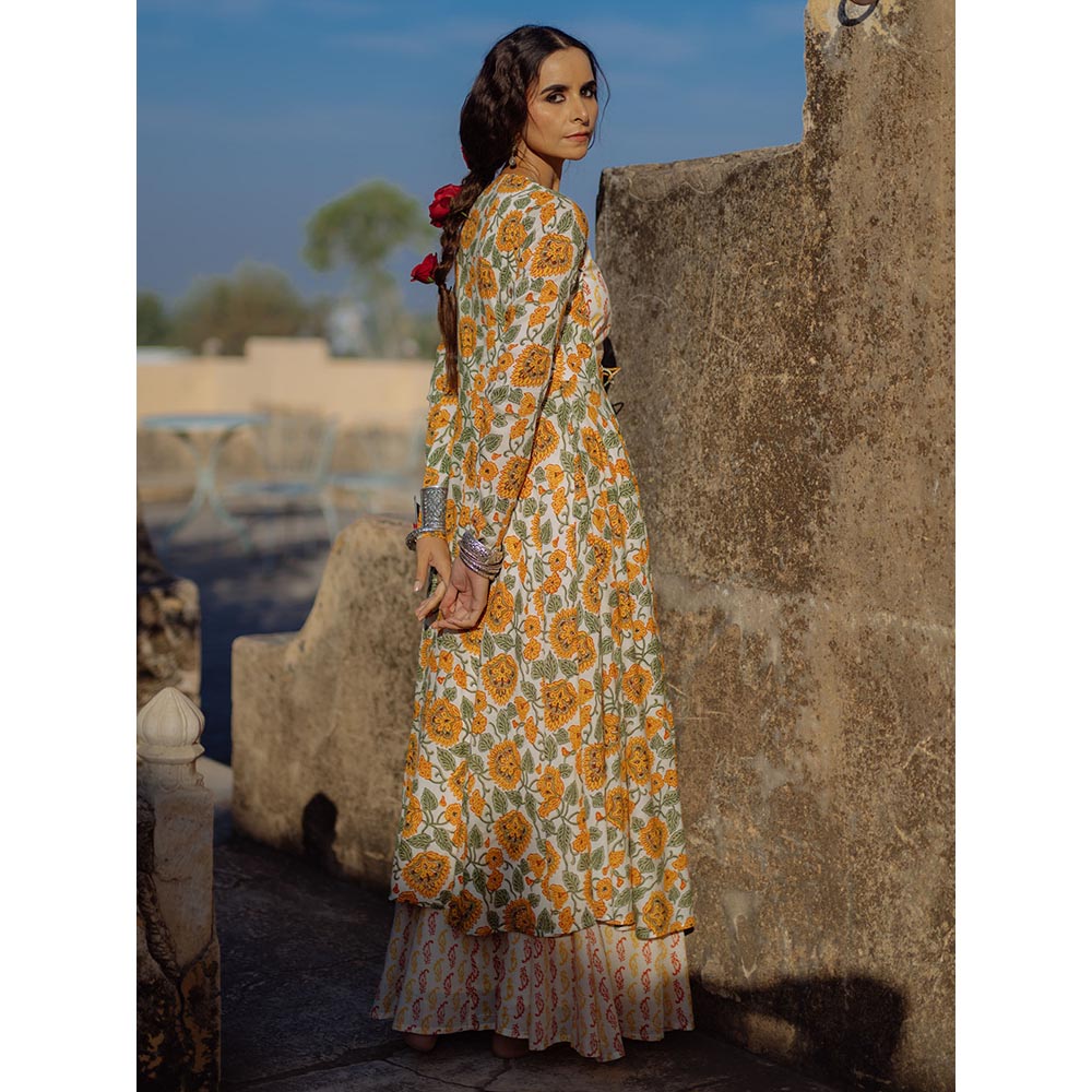 Baaro Masi Yellow & Cream Muslin Handblock Printed Jacket & Skirt with Short Top (Set of 3)