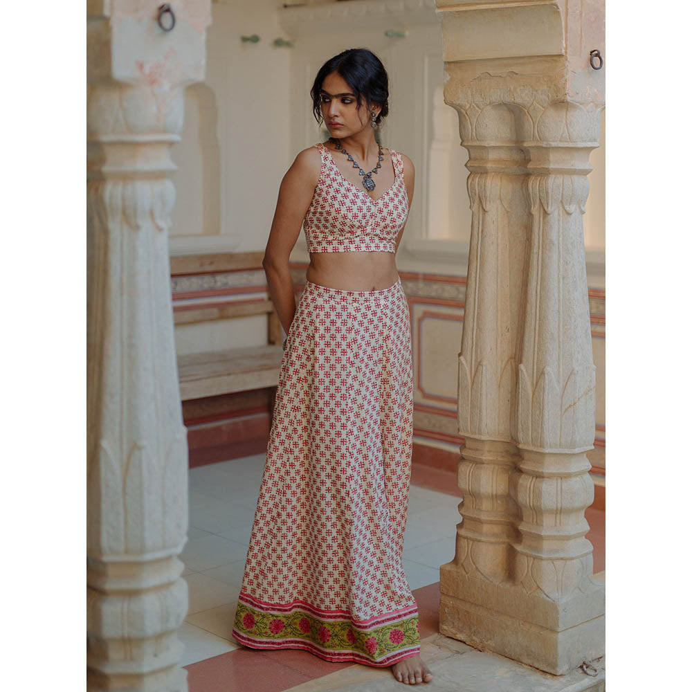 Baaro Masi Pink & Cream Muslin Handblock Printed Lehnga with Chanderi Dupatta (Set of 3)