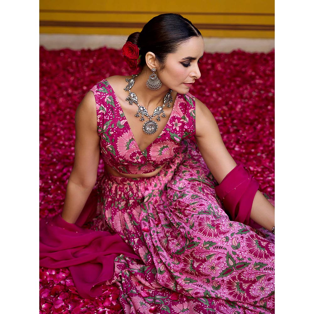 Baaro Masi Magenta Floral Hand Block Lehenga with Blouse and Dupatta (Set of 3)