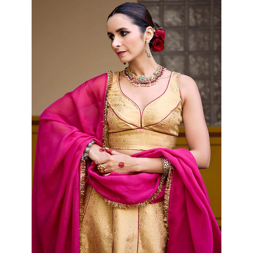 Baaro Masi Golden Brocade Lehenga with Blouse and Dupatta (Set of 3)
