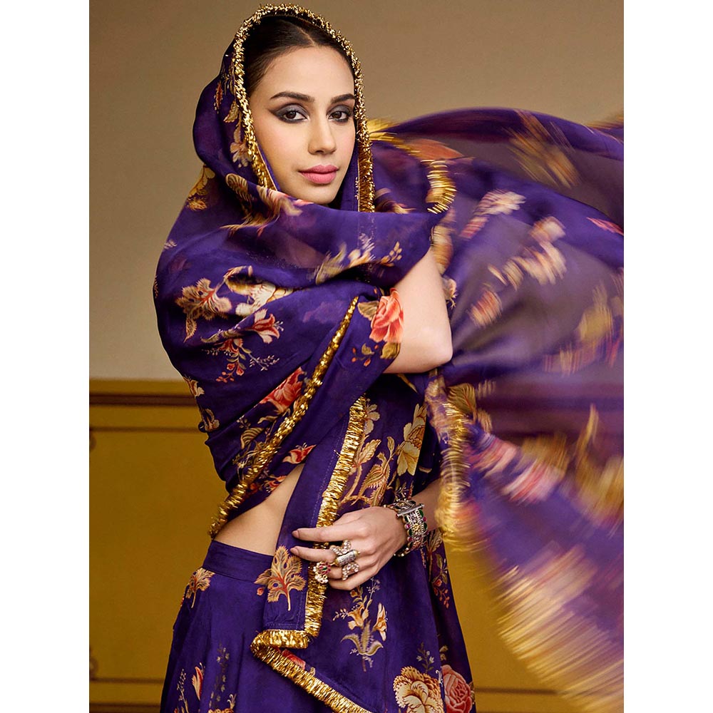 Baaro Masi Purple Floral Lehenga with Blouse and Dupatta (Set of 3)