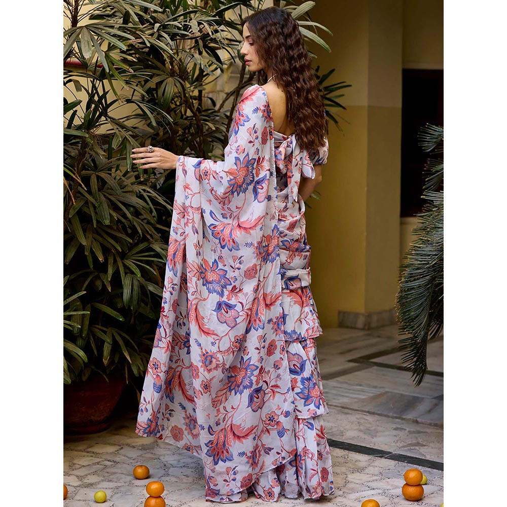 Baaro Masi White Periwinkle Floral Waterfall Style Pre Draped Saree with Stitched Blouse