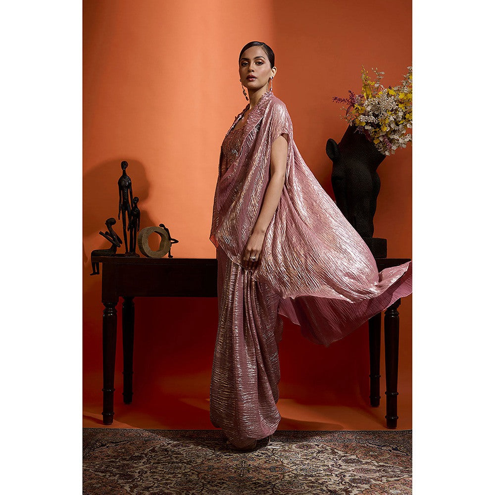 BABITA M Pink Metallic Rose Draped Skirt With Bralette And Cape (Set of 3)