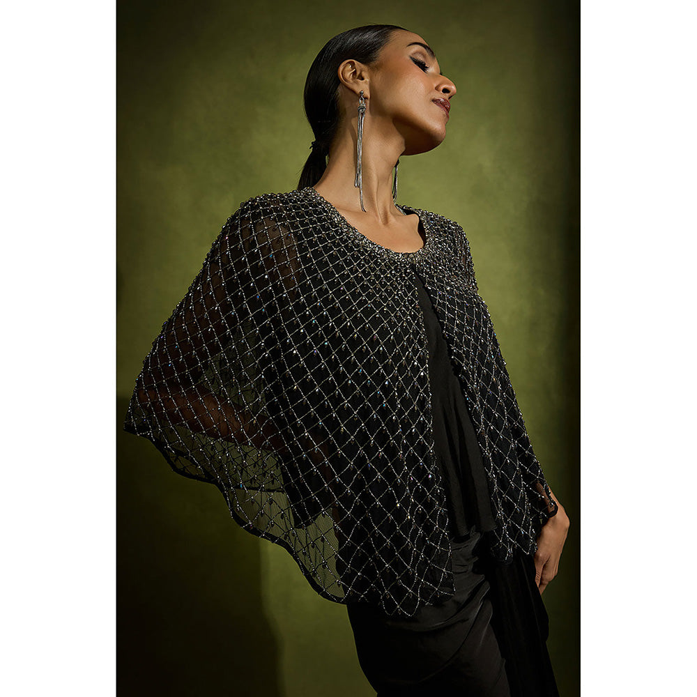 BABITA M Black Noir Crystal Grid Ensemble Skirt With Bralette And Cape (Set of 3)