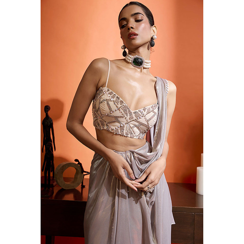 BABITA M Metallic Silver Pre-draped Saree with Stitched Blouse