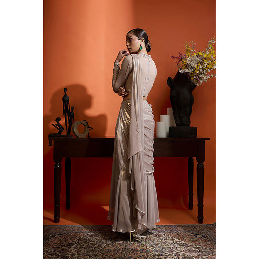 BABITA M Beige Pre-draped Saree with Stitched Blouse