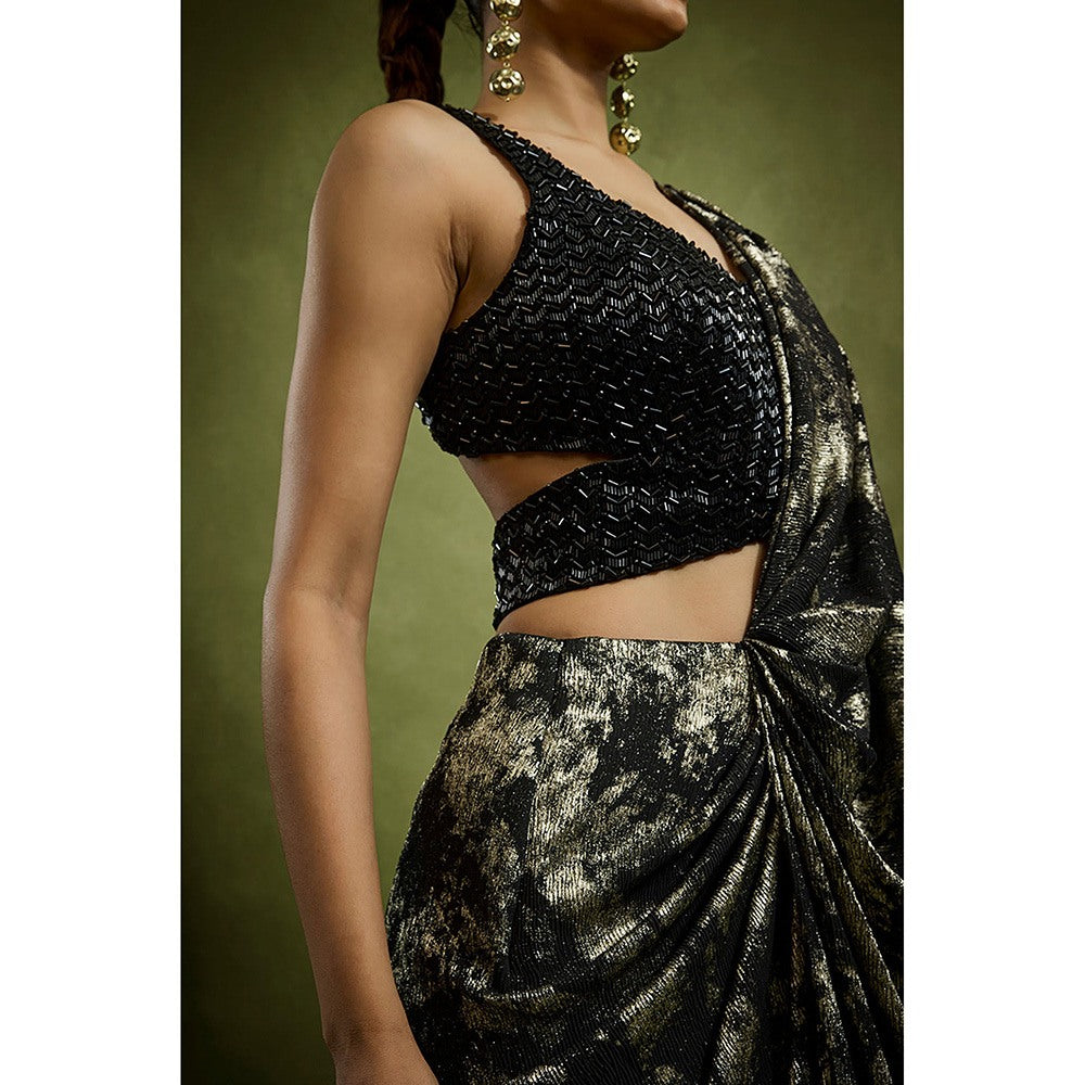 BABITA M Black Noir Drape Foil Pre-draped Saree with Stitched Blouse